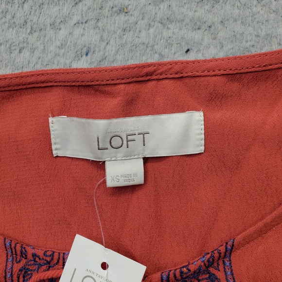 LOFT Boho Dress Womens XS Multi Embroidered Floral Pleated Sleeveless Tie Neck - Picture 5 of 10